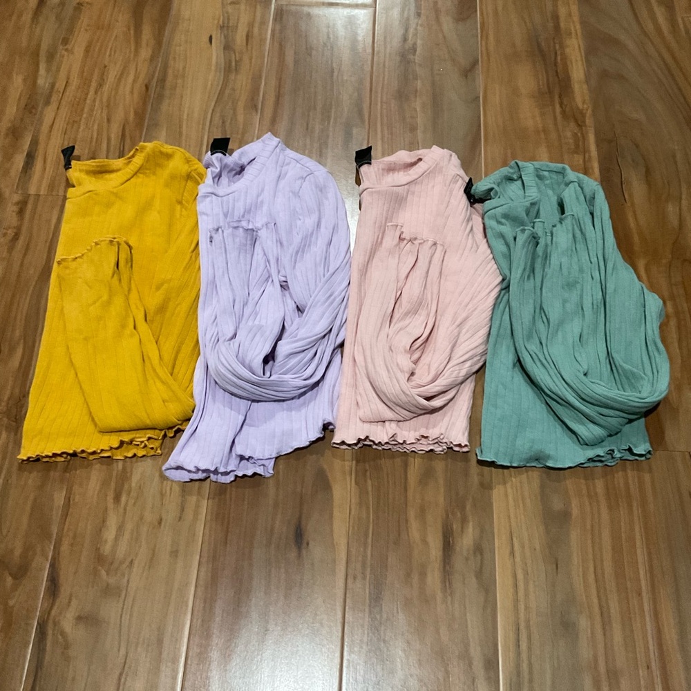 SHEIN BUNDLE Four 93% Cotton Ribbed Long Sleeve Crop Yellow, Purple, Pink, Mint